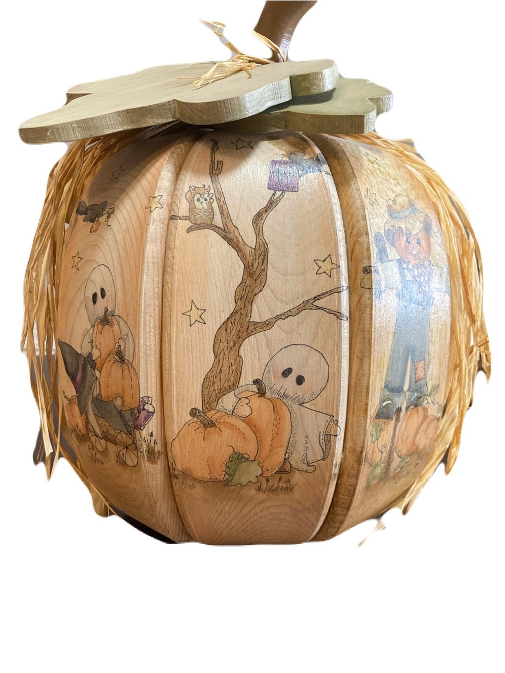 Vintage Hand Painted Wooden Fall Pumpkin Centerpiece With Ghost & Scarecrow Art - Picture 3 of 15